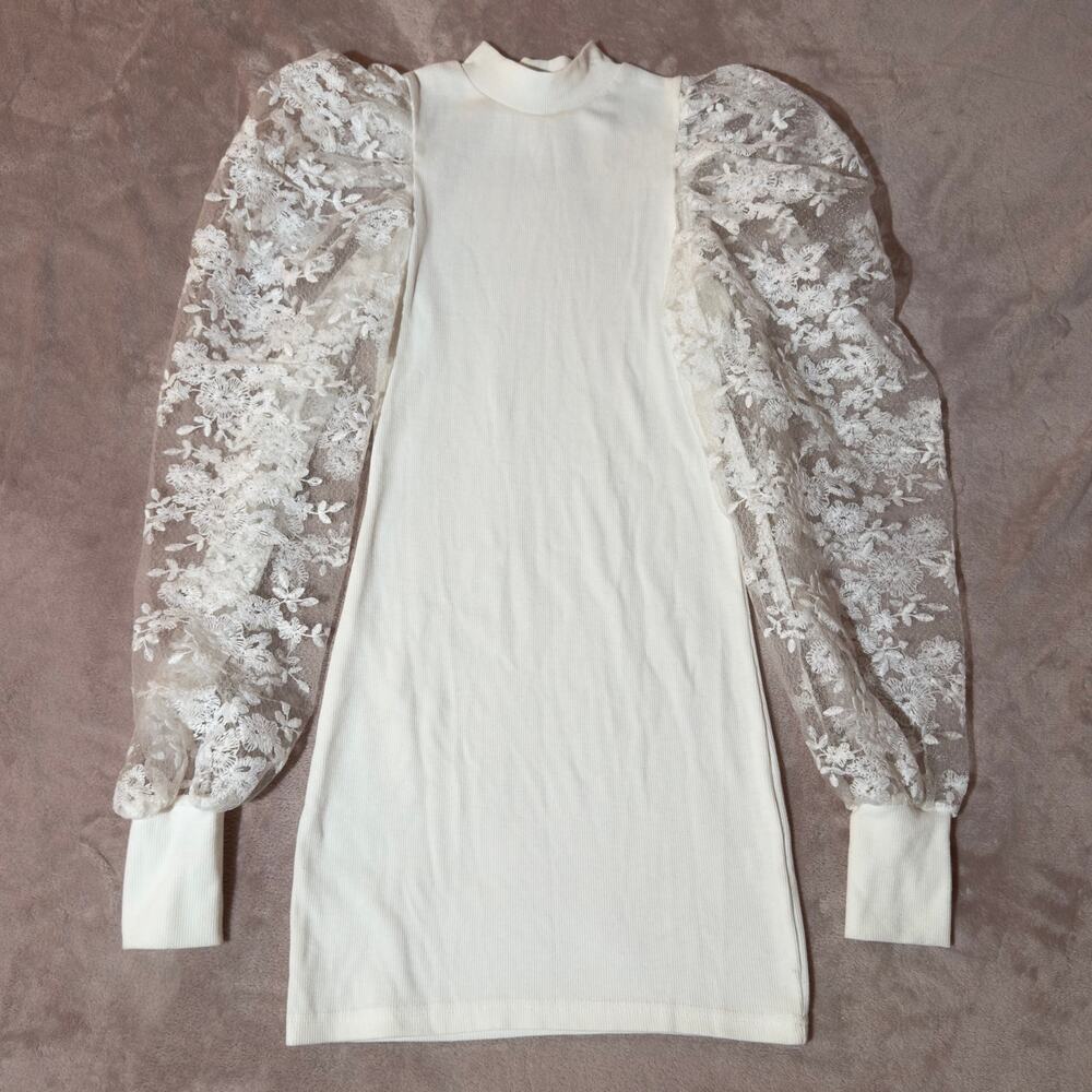 Love & Other Things Ivory Lace Sleeve Mock Neck Mini Dress XS Cottagecore